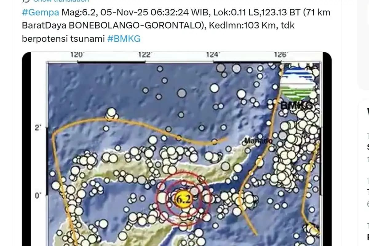 Getaran Gempa M6,2 di Bone Bolango Terasa Luas hingga Sulawesi Tengah dan Maluku Utara